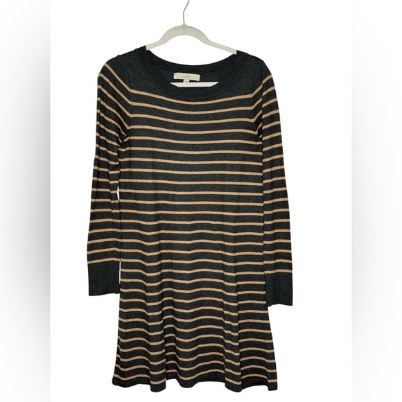 LOFT Black and Tan Striped Swing Wool Blend Sweater Dress S - Picture 2 of 5